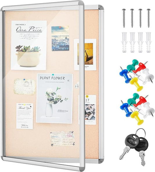 Geetery 36 x 24 Inch Enclosed Fabric Bulletin Board Tamperproof Lockable Noticeboard Fabric&Aluminium Frame Display Cases Wall-Mounted Display Case for School, Office - Secure, Durable Design(Beige)