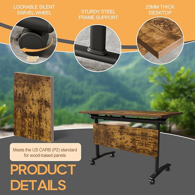 Folding Conference Table 4ft 5ft, Foldable Office Meeting Desk for 6 People, Multiple Sizes Colors Mobile Conference Room Table for Training Room School Business Furniture (2, Brown, 71in)