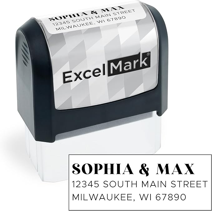 ExcelMark Address Stamp - Custom Return Address Stamp with Elegant Designs, Vibrant Colors & Patterns – Perfect for Mail, Invitations & Gifts (Black Mount, The Statement)