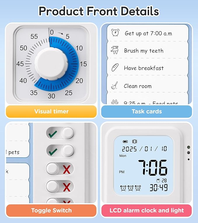 3-in-1 Visual Timer & ADHD Tool for Kids|Adults, Task Timer with Chore Chart Board, Visual Schedule for Kids with Autism, Daily Checklist for Home, School, Classroom, Desk