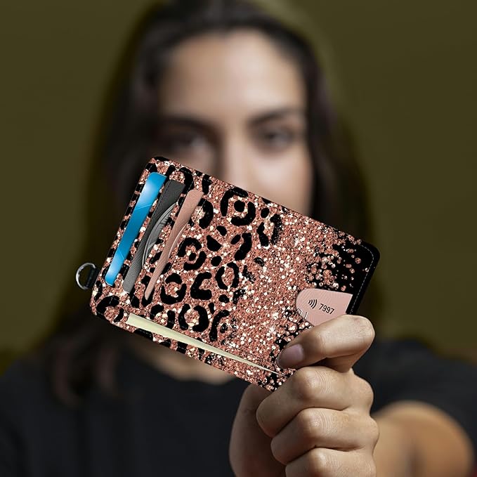 BWEGRHE Small Travel Wallets, Leopard Glitter Slim Minimalist Front Pocket Wallet with Wristlet, RFID Blocking PU Leather Credit Card Holder with ID Window Change Purse for Men Women