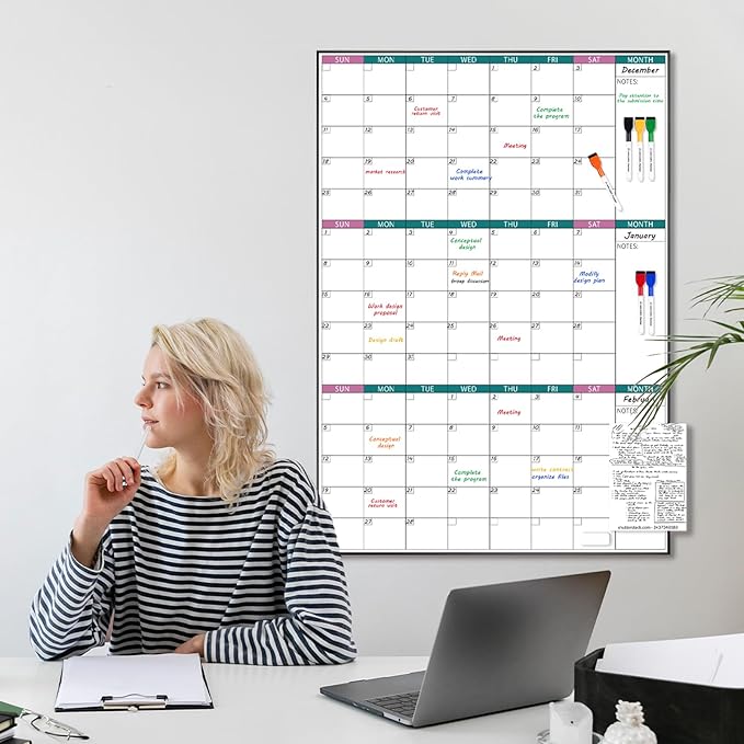 ARCOBIS 3-Month Dry Erase Calendar for Wall, 39"x28" Magnetic Whiteboard Calendar with Black Aluminum Frame, Monthly Calendar Board for Office, Home, School