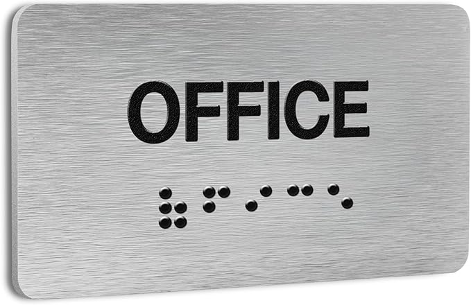 Office Signs for Business and Office, ADA Signs with Raised Text & Grade 2 Braille, Easy Installation with Adhesive Pad – Brushed Aluminum/Silver