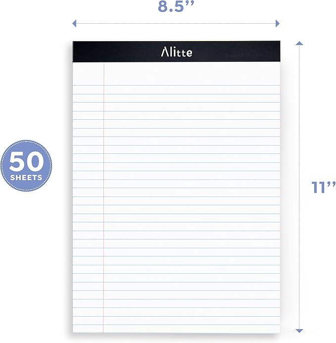 Alitte Legal Notepads 8.5 x 11, Pack of 3 - Perforated Wide Ruled Writing Pad - Premium Thick Paper, No Ink Bleeding - Blank Legal Pads For Home, Office, School, Business - 50 Sheets Per Notebook