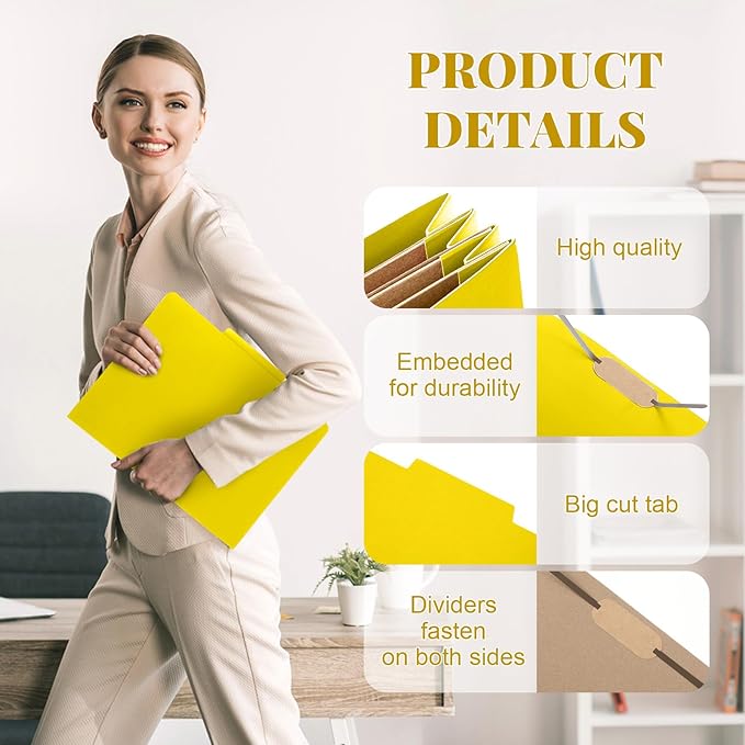 12 Pcs Classification Folders Letter Size 3 Pocket Dividers Employee File Folder with 2 Prongs Fasteners, 2 in Expansion Heavy Duty Pressboard File Holder for School Office Medical Document(Yellow)