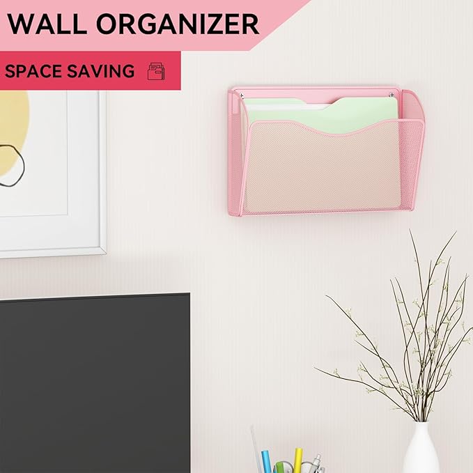 GDINDINFAN 3 Single Pocket Wall File Holder, Mesh Hanging File Folder Paper Organizer, Vertical Wall Mounted Mail Basket, Storage Organization Magazine Rack for Office, Home and School, Pink