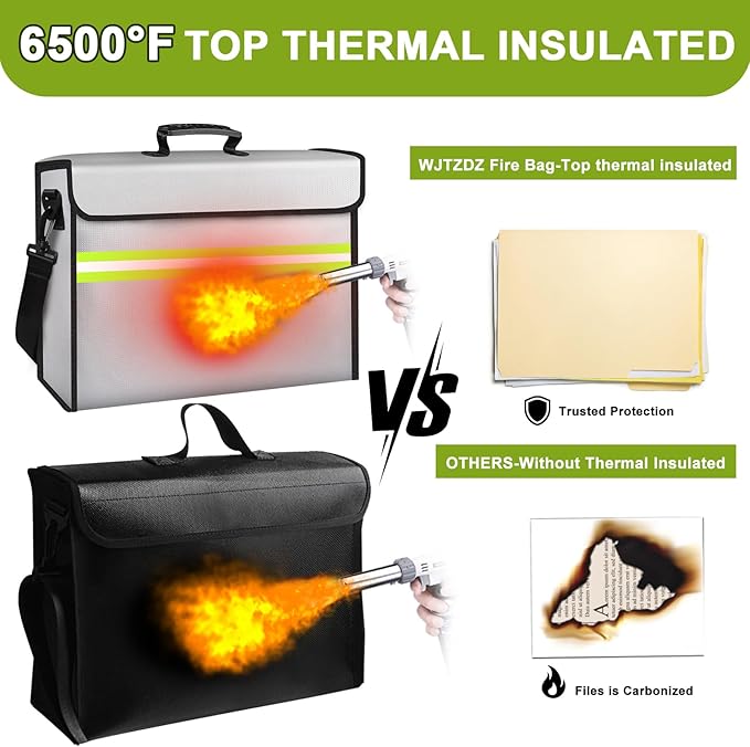 Large Fireproof Money Bags with Lock-6500°F Fireproof Document Box,10 Layers Insulation Materials&Waterproof Zipper,Removable Folder Layers/Wallet,Reflective Strip for Valuables(16.5”x 12.4”x 5.5”)