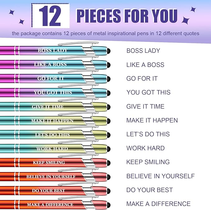 Zonon 12 Pcs Inspirational Pens Bulk Funny Ballpoint Pen with Stylus Tip Motivational Gifts for Valentine's Day Teacher Coworkers Nurse School Office Supplies(Plating Color,Motivational Style)