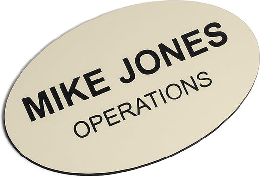 Custom Engraved Name Tag Badges – Personalized Identification with Pin or Magnetic Backing, 2.8 Inch Oval, Almond/Black