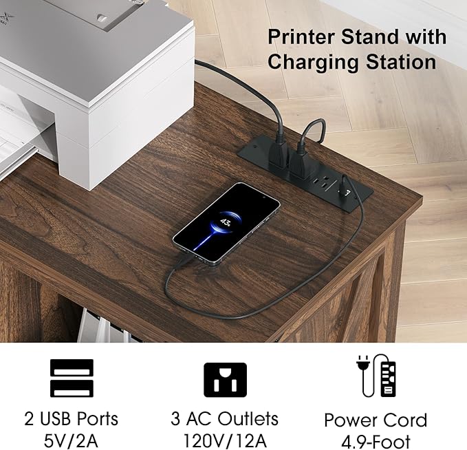 JOINICE,Printer Stand with Storage,File Cabinet with Socket and USB Charging Port,Farmhouse Paper Shredder Stand Rack with Slide-Out Shelf,Walnut