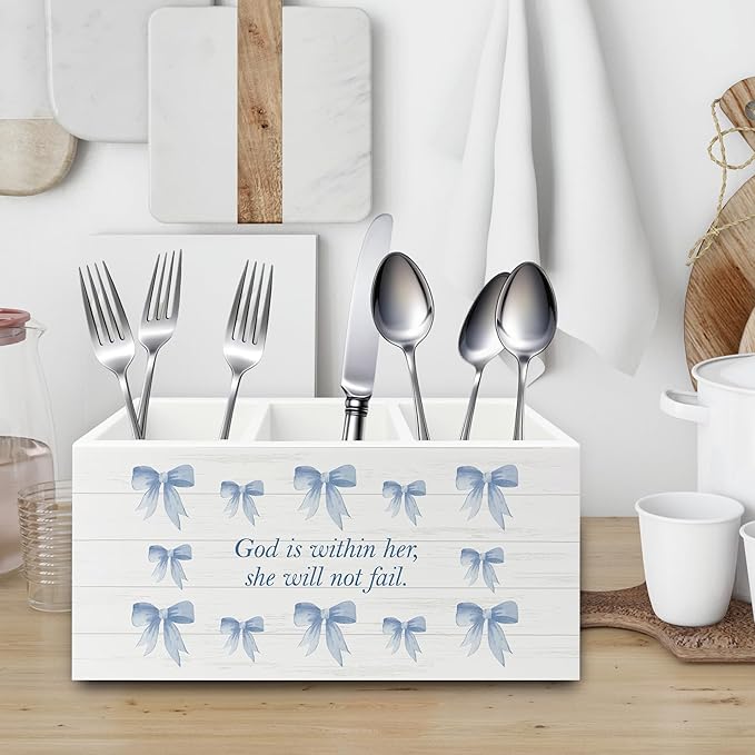 XPH Blue Coquette Bow Christian Pen Pencil Holder Organizer for Desk, Preppy Desk Decor, Christian Gifts for Women, Bible Verse Wooden Box Sign for Girly Room Bedroom Dorm Tabletop Decorations