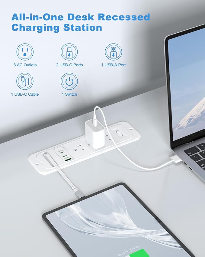 Recessed Power Strip with Retractable USB C Cable,2 PD 20W USB C,Flush Mount Countertop Drawer Outlet, Furniture Hidden Outlet for Side Table,End Table,3 Outlets (White, 6FT-20W USB)
