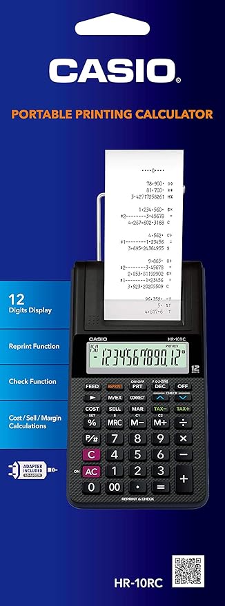 Casio HR-10RC Mini Desktop Printing Calculator | Portable | 12-Digit Display | One-Color Printer | Tax & Currency | Ideal for Taxes, Bookkeeping & Accounting Tasks, Black