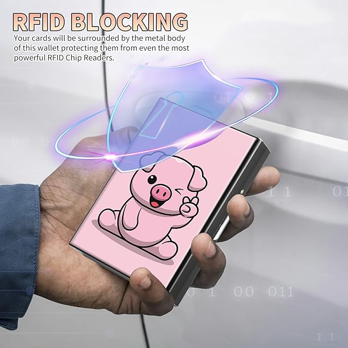 BWEGRHE Slim Credit Card Holder, Pink Pig RFID Blocking Metal Wallet for Men & Women, Aluminum Minimalist Hard Case Pocket-Sized Business Cards Organizer (Fits Up to 10 Cards)