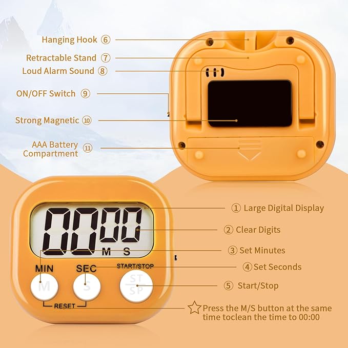 4 Pack Orange Digital Kitchen Timer Magnetic Digital Timer with Big Display Loud Ring Cooking Timers for Cooking, Game, Gym, Break Time, Classroom(4, Orange)