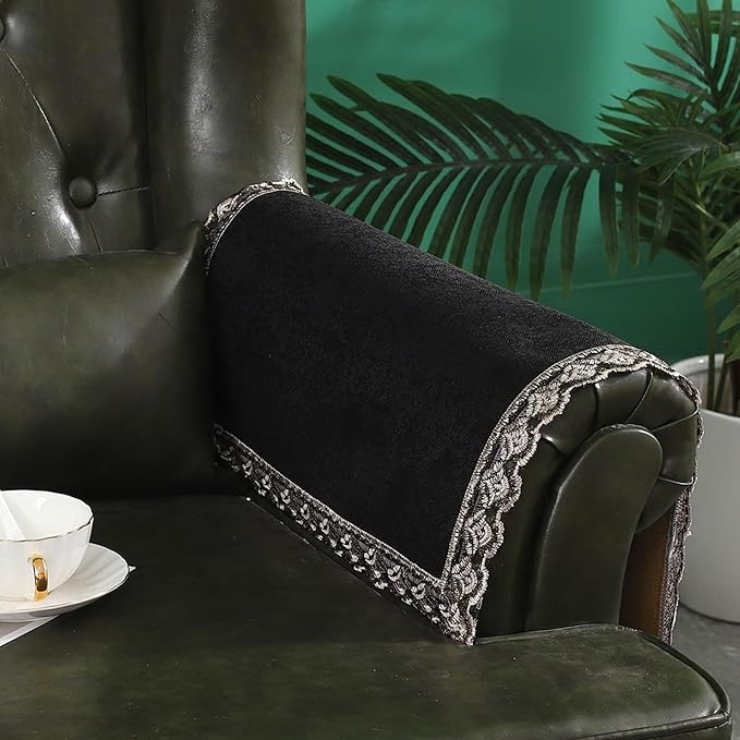 MINJIATEX Couch arm Covers,Non-Slip lace Sofa arm Covers Set of 2 Washable Sofa armrests Covers for Living Room Recliner Chair arm Cover Protectors for Leather Sofa armrest slipcover (GYDF-Black)