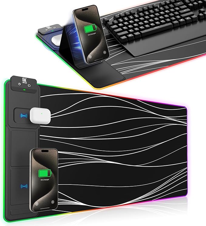 XXL Mouse Pad with Phone Holder, RGB Desk Mat with 15W Fast Charging, LED Large Gaming Mouse Pad with 11 Lights Colors, Long Mouse Pads, Waterproof Non-Slip Desk Pad for Gamer Esports Pros