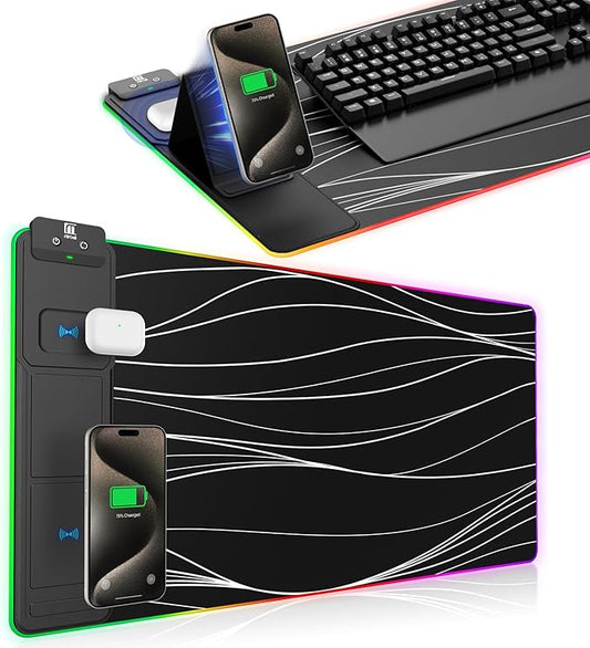 XXL Mouse Pad with Phone Holder, RGB Desk Mat with 15W Fast Charging, LED Large Gaming Mouse Pad with 11 Lights Colors, Long Mouse Pads, Waterproof Non-Slip Desk Pad for Gamer Esports Pros