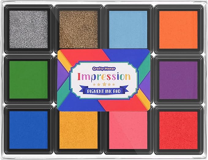CraftyManor Mini 12 Color Pigment Ink Pads for Stamps, Fingerprint Ink Pad, Stamp Pad for Scrapbook Paper & Stamps for Clothing Stamp & Letter Stamps, Archival