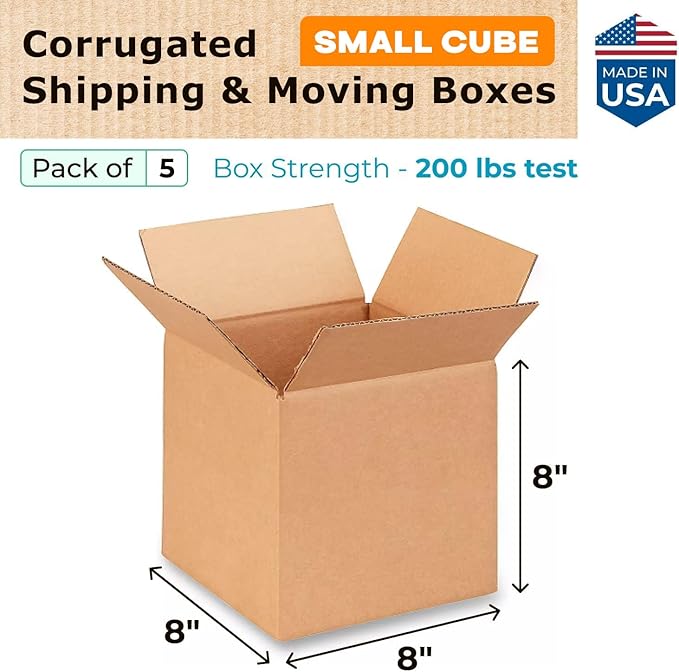 IDL Small Cube Moving & Shipping Boxes - 8 x 8 x 8 inches (5-Pack) - Extra Strength 200 lb Corrugated Packing Boxes