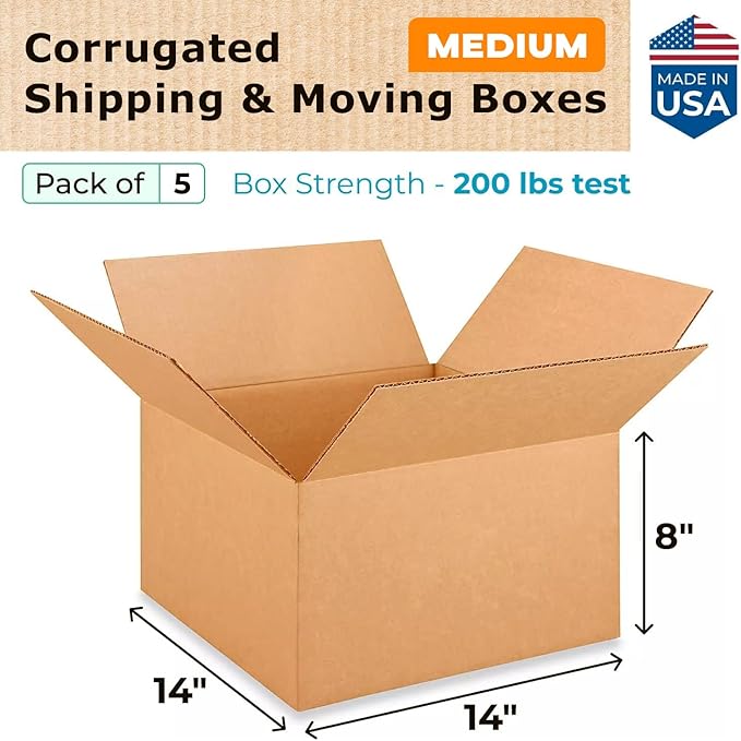 IDL Packaging - B-14148-5 Medium Corrugated Shipping Boxes 14"L x 14”W x 8"H (Pack of 5) - Prime Choice of Strong Packing Boxes for USPS, UPS, FedEx Shipping