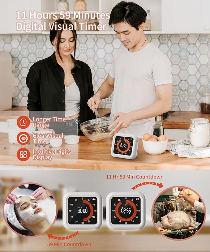 MeesMeek Digital Visual Timer - Max 11H 59M Rechargeable Countdown Timer with VA Display, Clear Digits, Adjustable Volume and Brightness, Magnetic Digital Timer for Kitchen, Classroom, Office (White)
