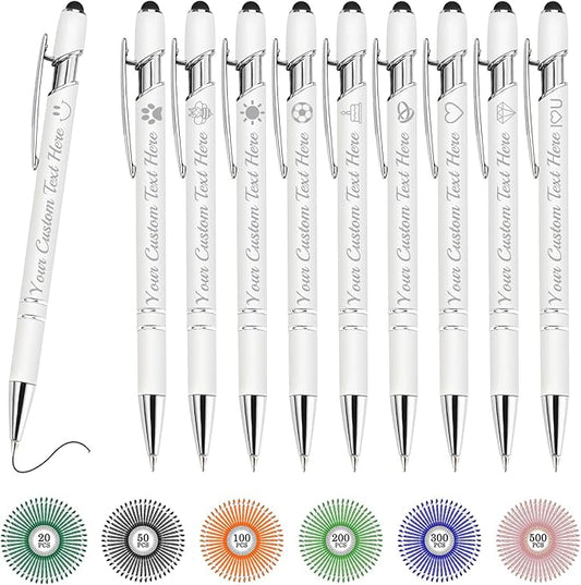 Custom Pens Bulk Personalized Ballpoint Pen with Stylus Tip Customized Engraved Pens with Name Logo Soft Black Ink with Touch Metal Office for Business Office Teacher School Corporate Gifts White