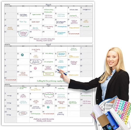 Dry Erase Vertical Three Month Laminated jumbo Wall Calendar, 46 x 63, Huge quarterly Laminated Erasable White Board, Giant 90 day Family Whiteboard Schedule Planner, Large Multi Month Reusable