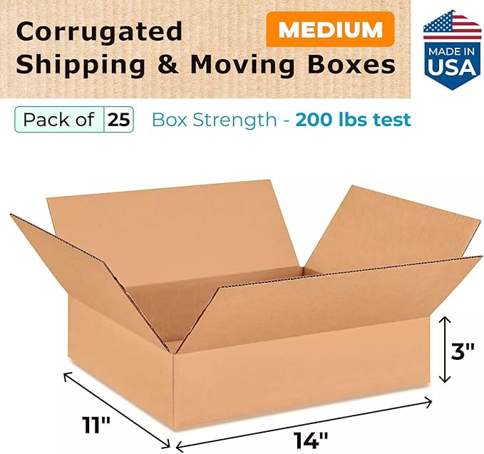 Medium Moving & Shipping Boxes 14"L x 11"W x 3"H (25-Pack) - Extra Strength 200 lb vs Regular - Corrugated Packaging Boxes, Made in USA - Medium Box - Cardboard Packing Box by IDL Packaging