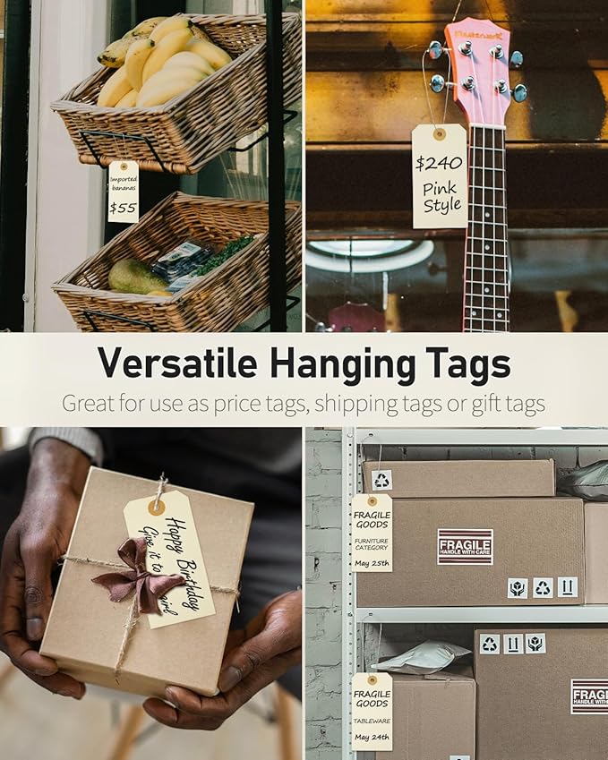 Uniclife 100 Pcs Manila Tags Blank Shipping Tag with Wire Attached 4.7 Inch Paper Hang Tag with Reinforced Eyelet Large Marking Writable Price Tags Inventory Label, 4.7" x 2 3/8"