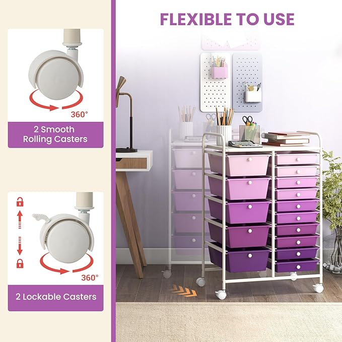 GOFLAME 15-Drawer Rolling Storage Cart, Craft Storage Cart with Removable Drawers & Lockable Wheels, Art Cart Supply Storage Organizer for Home Office Classroom, Purple Gradient