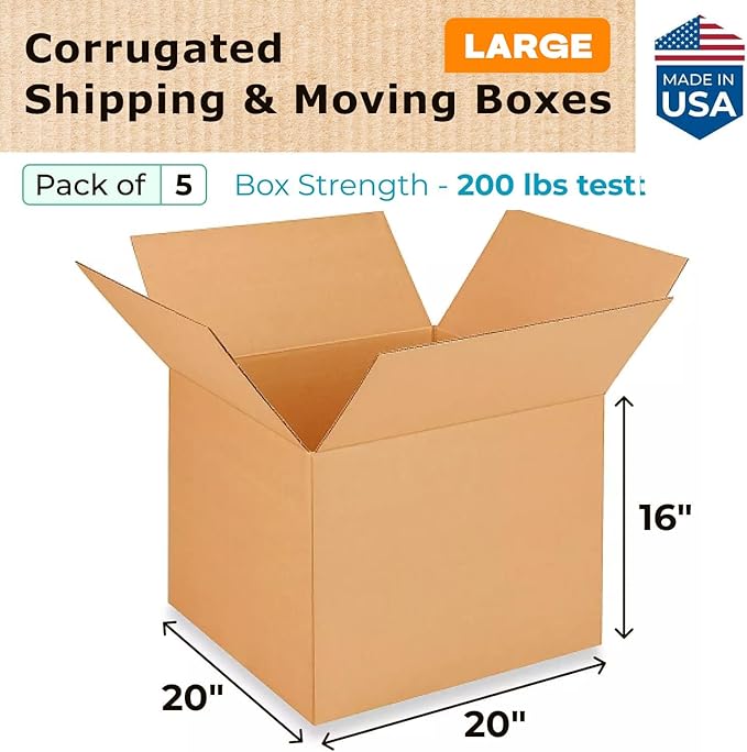 Extra Large Shipping & Moving Boxes 20 x 20 x 16 inches (5-Pack) - Extra Strength 200 lb vs Regular - Corrugated Shipping Box, Made in USA - Heavy Duty Shipping Box by IDL Packaging