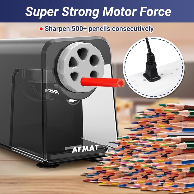 AFMAT Electric Pencil Sharpener Heavy Duty, 6 Holes, Auto Stop Pencil Sharpener, Classroom Electric Sharpener for 6-11mm Colored Pencils, 7000 Sharpenings, Fast Sharpen, Do not Eat up Pencils PSX1