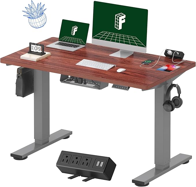 FLEXISPOT EN2 Whole-Piece Standing Desk with Clamp Power Strip, 48 x 24'' Electric Stand Up Height Adjustable Desk with Cable Management (Gray Frame + 48" Mahogany Top, 2 Packages)