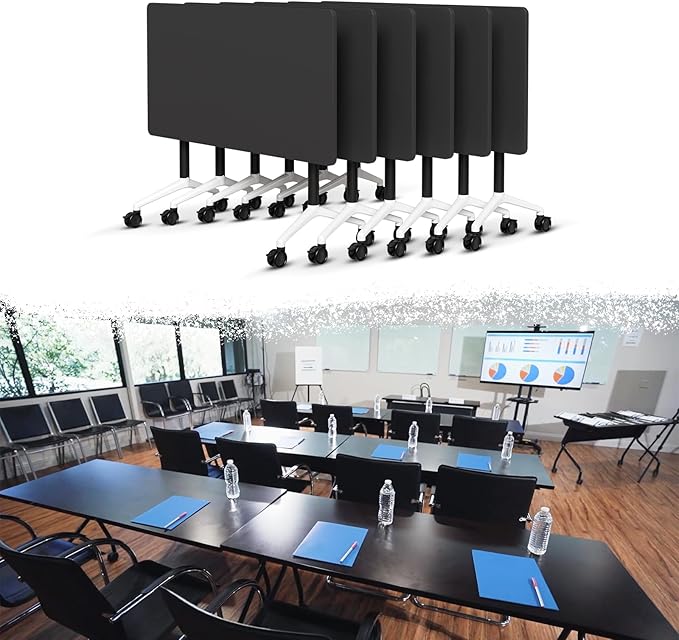 Goakwwuz Conference Room Table, Folding Conference Tables,Thicken Grey Tabletop,Flip Top Wooden Seminar Meeting Room Table for Conference Room Offices (6, Black, 55.1”)