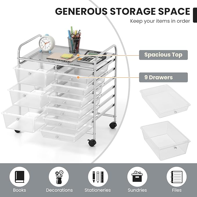 GOFLAME 9-Drawer Rolling Storage Cart, Mobile Utility Cart with Removable Drawers & Metal Frame, Art Craft Organizer Cart with Lockable Wheels, Storage Drawer Cart for Home Office, School, Clear