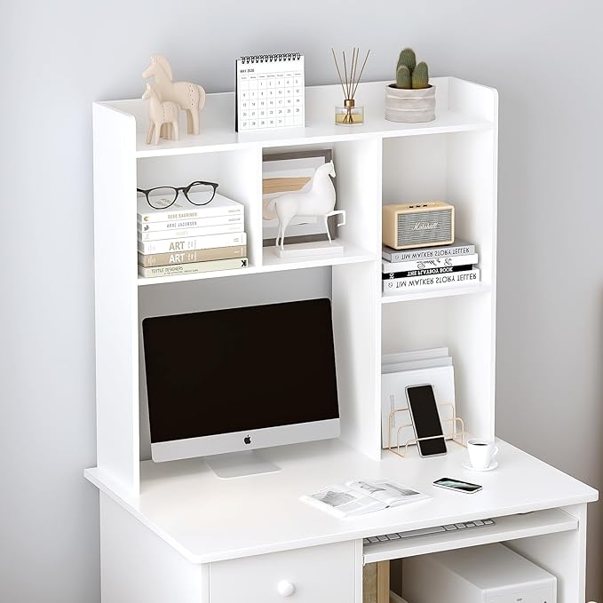 OSCHF Wooden Desktop Hutch Bookshelf - Free Standing Desk Storage Shelf with Top Edge for Computer Desk, Desktop Bookcase for Dorm, Home or Office, Countertop Organizer, White, 37.4"