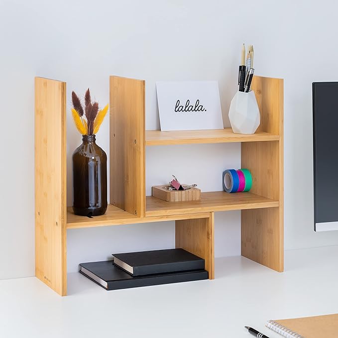 Navaris Desk Organizer Shelf Unit - Bamboo Desktop Shelves for Table or Countertop - Free-Standing Adjustable Shelving Rack for Tidy Kitchen or Office