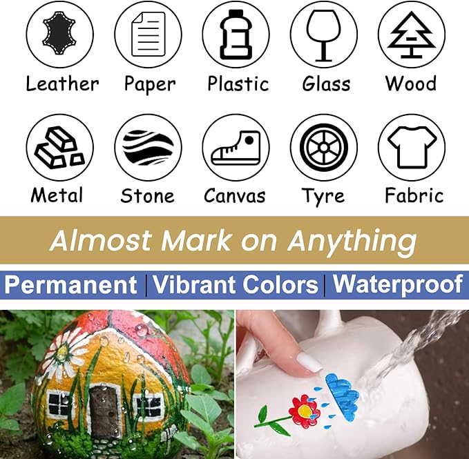 Overseas Gold Paint Pens - Permanent Acrylic Paint Markers 12 Pack, Water-Based, Quick Dry, Waterproof Marker Pen for Rock, Wood, Plastic, Metal, Canvas, Glass, Fabric, Card, Mugs. Medium Tip