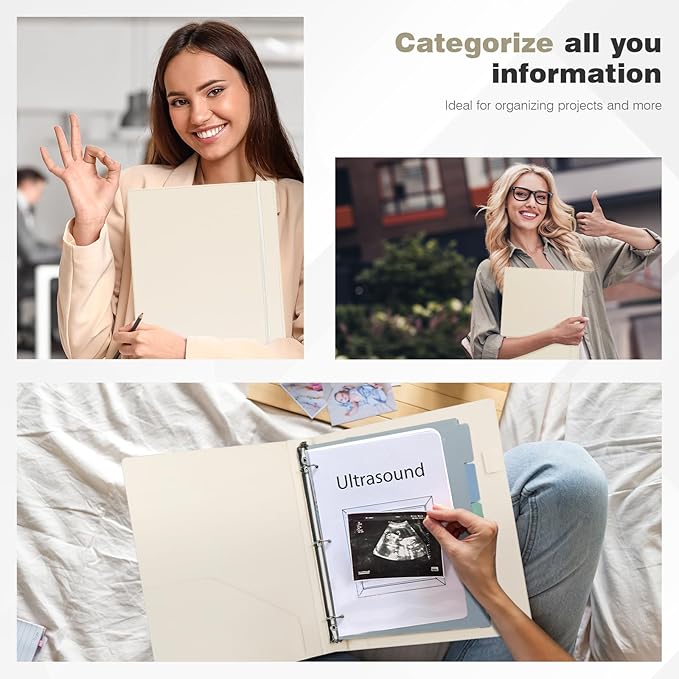 Ospelelf Vintage Hardcover 3 Ring 1 inch Leather Binder, Professional Binders Organizer Suitable for Letter Size Documents, Binder Dividers with Tabs, Beige