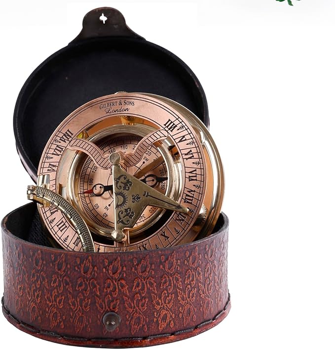 Brass Sundial Compass in Leather Case – Unique Nautical Gifts for Men, Antique Sailing Anniversary Gadget, Maritime Pocket Watch Clock, Nautical Decor for Him