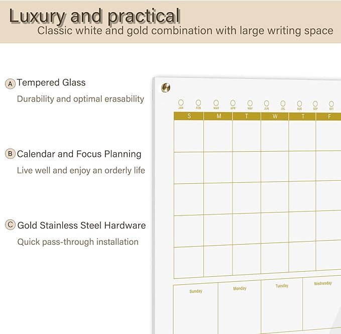 Glass 3-1 Golden Monthly Dry Erase Calendar Whiteboard for Wall,24"x 36",Frameless Mounting,Office/School/Home, Frameless Large Planner White Board