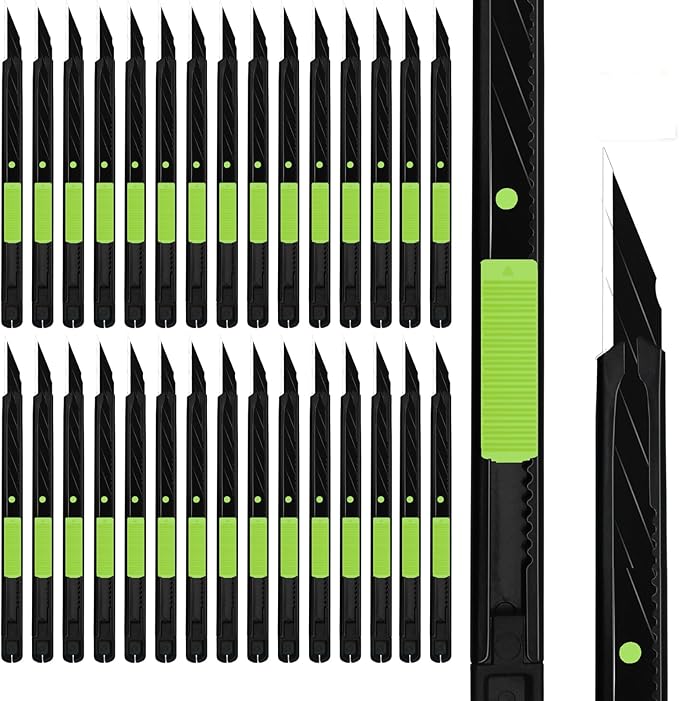 MANUFORE 30pcs Green 9mm Snap-off Knives with Safety Auto-lock, Metal Handle, Black Blade, Lightweight Portable Retractable Cutter for office, school