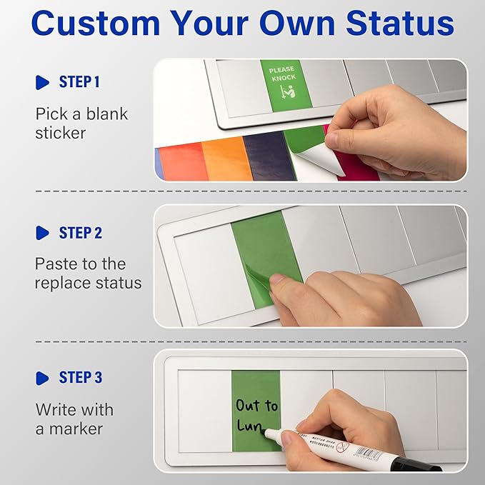 Office Door Signs with 6 Printed Status Options – Do Not Disturb, Out of Office, In a Meeting, Please Knock, Back Soon, Come on in – Includes Custom Personalized Blank Sticker for Privacy Workspace or Studio Available and Away