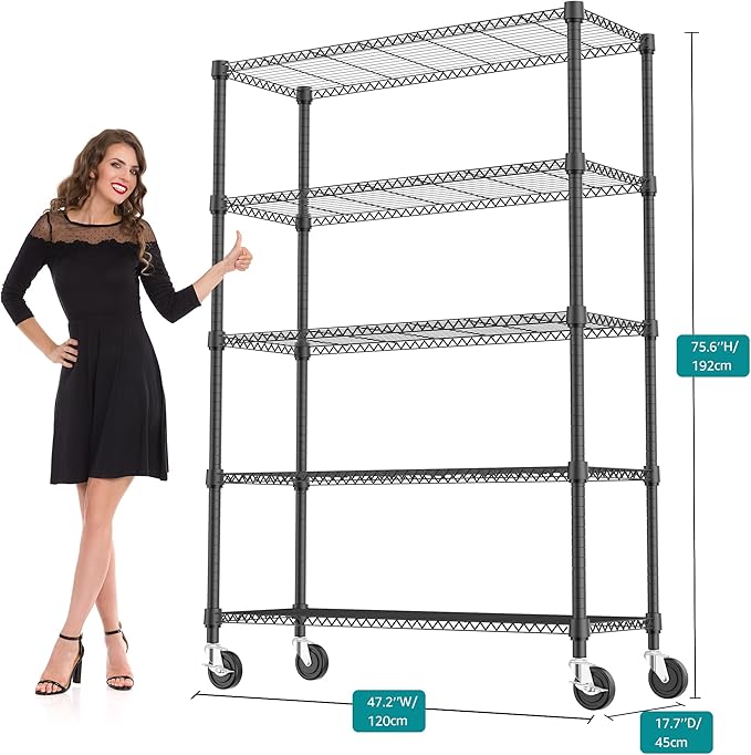 M MZG 5 Tiers Shelf 1750 lbs Steel Storage Shelving Utility Shelving Unit Steel Organizer Wire Rack for Home,Kitchen,Office,Garage Black 17.7" D x 47.2" W x 76.8" H