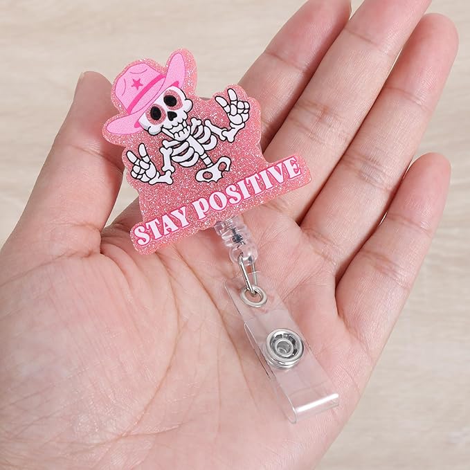 Stay Positive Skull Funny Nurse Badge Reel, Retractable ID Card Badge Holders, Medical Badge Clip for Radiology ER ED RT(R) CT Radiologists Nurses Radiologic Technologists CNA RN LPN Social Workers