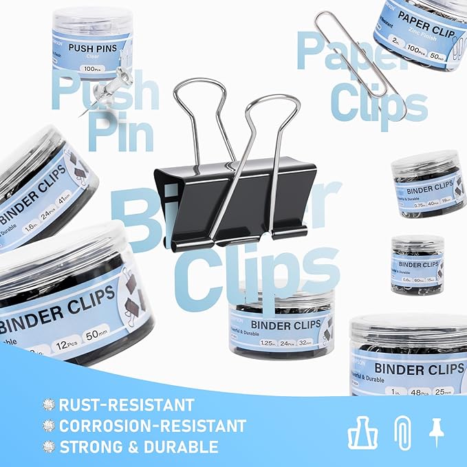 WORPSON 408 PCS Binder Clips Paper Clamps Assorted Sizes and Push Pins, Binding Paperwork Clamp Bulk, School Teachers Office Supplies (Black)
