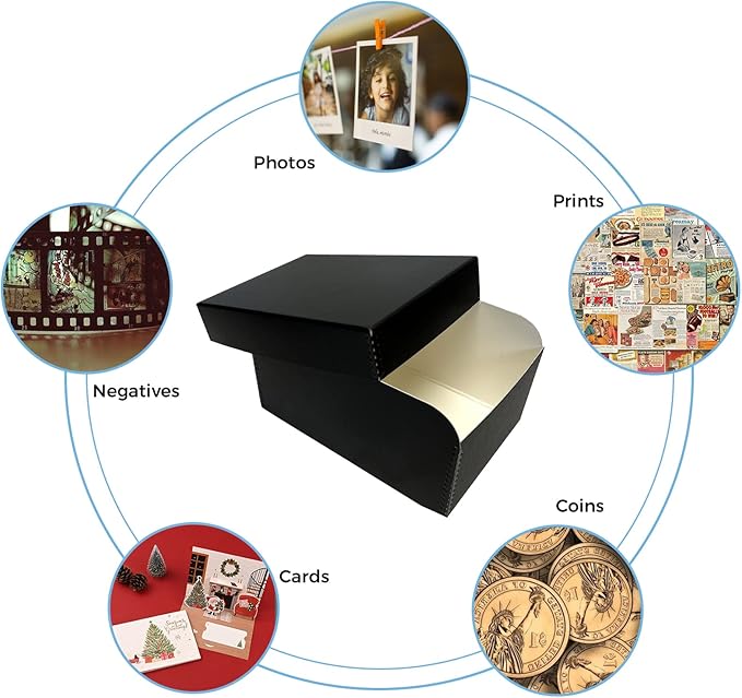 Lineco 4x6 Photo Storage Box, with 12 Acid-Free Envelopes, Holds Up to 1000 3.5" x 5", or 4" x 6" Photos, Metal Edge Archival Storage Box for Photos Stickers Stamps Seeds, 5.5x7.5x11. Black