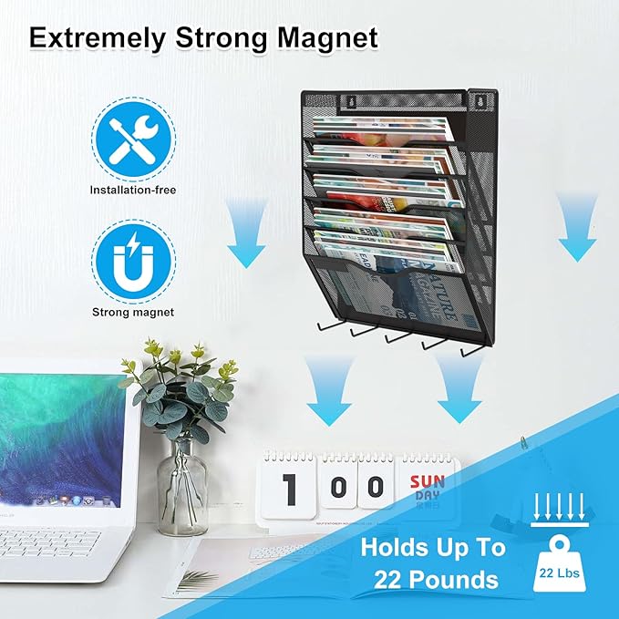 KZWKRG 6 Tier Magnetic File Holder with Hook, Magnetic File Organizer Folder Holder, Wall File Organizer, Hanging Magnetic Paper Holder for File Cabinets, Office, Whiteboard, Magnetic Mail Holder