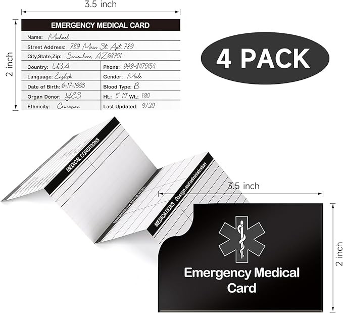4 Pack Emergency Medical Information Id Card Red Medical Condition and Emergency Contact Id Wallet Card Medical Alert Wallet Card Pocket Size Medication List and Medical Cards for Caretakers (Black)